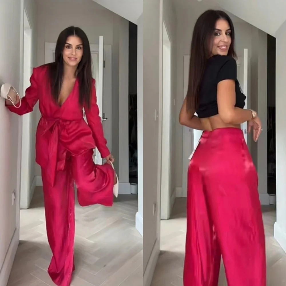 Zara Set 2 pc Wide Leg Satin Pants and Belted Blazer Pink  Size  S and M